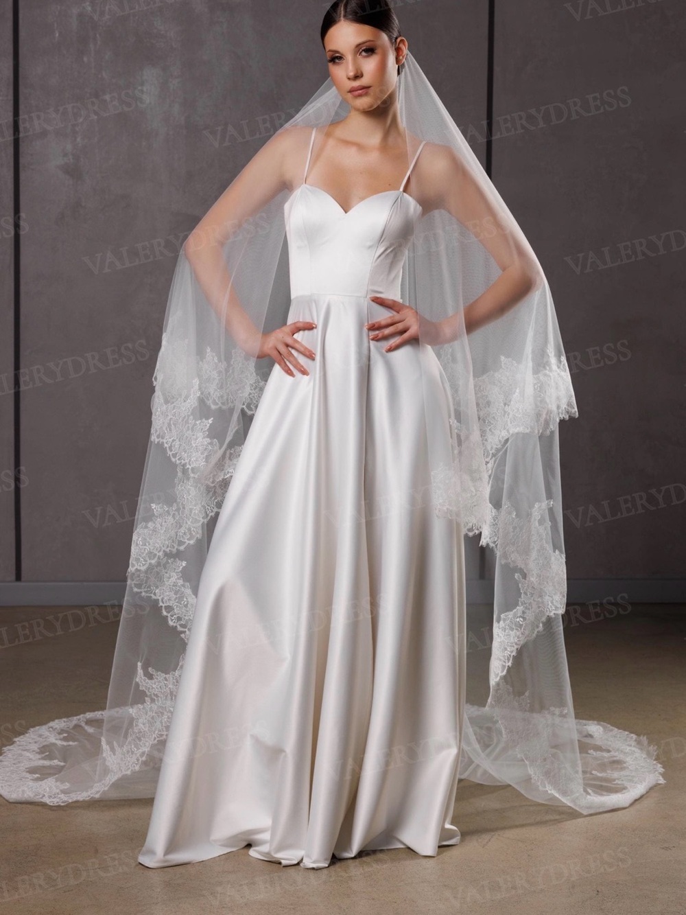 Chantilly Lace Blusher Wedding Veil Two Tier, French Delicate Trim Soft...